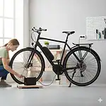Cyclist safely charging an e-bike battery indoors with proper ventilation